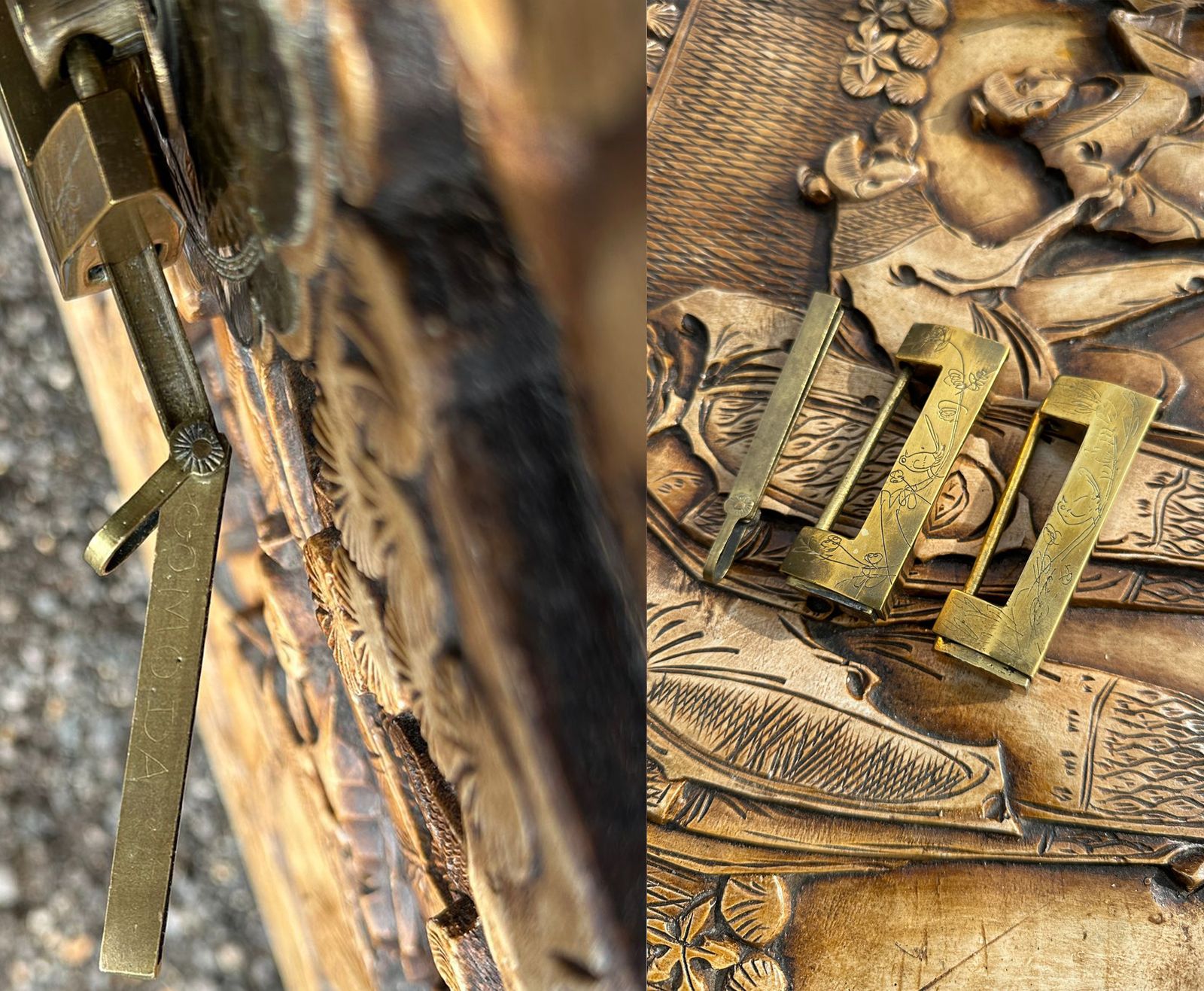 photo for sale An Exquisite Carved Chinese Export Camphor Chest With Etched Brass Lock Fitted With A Removable Glass Top & Interior Lift Out Tray