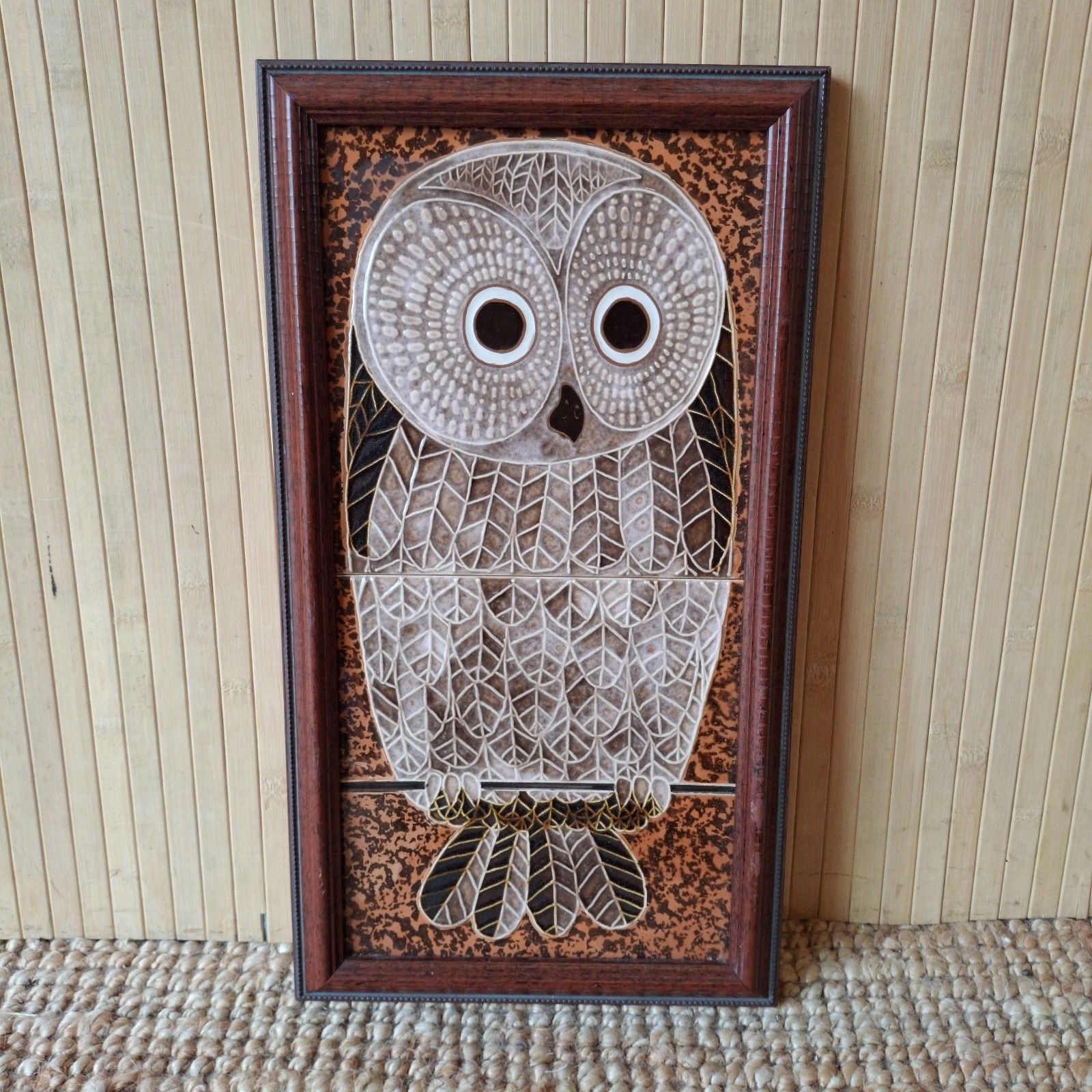 Fab Vintage Retro 1970s Maw & Co British Framed Hand Painted Majolica Tiles Owl photo furniture