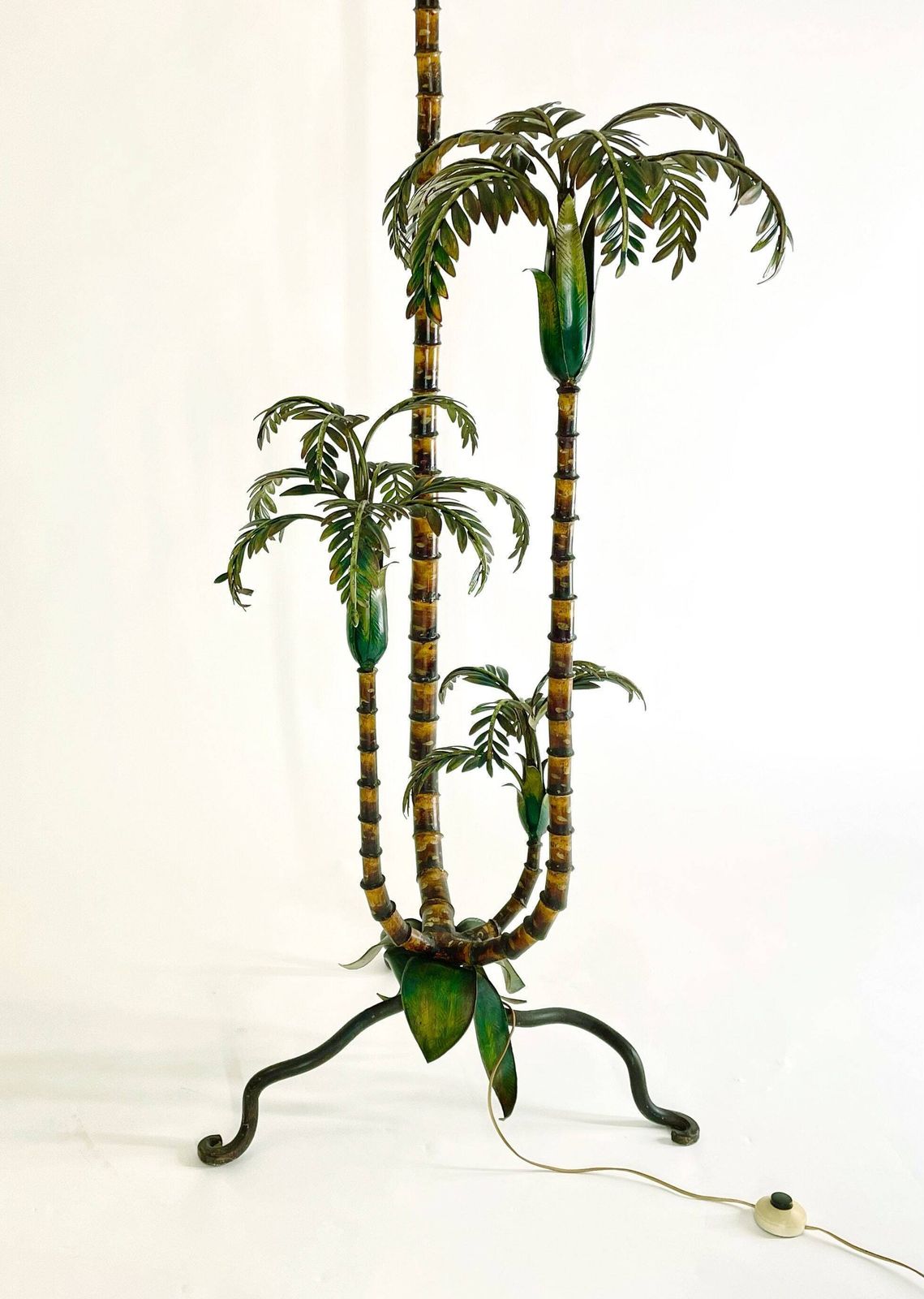 Unique Painted Metal Floor Lamp – Palm Tree Design, Handcrafted Early 20th Century, 3 Light Points, Vintage Tropical Lighting photo for sale