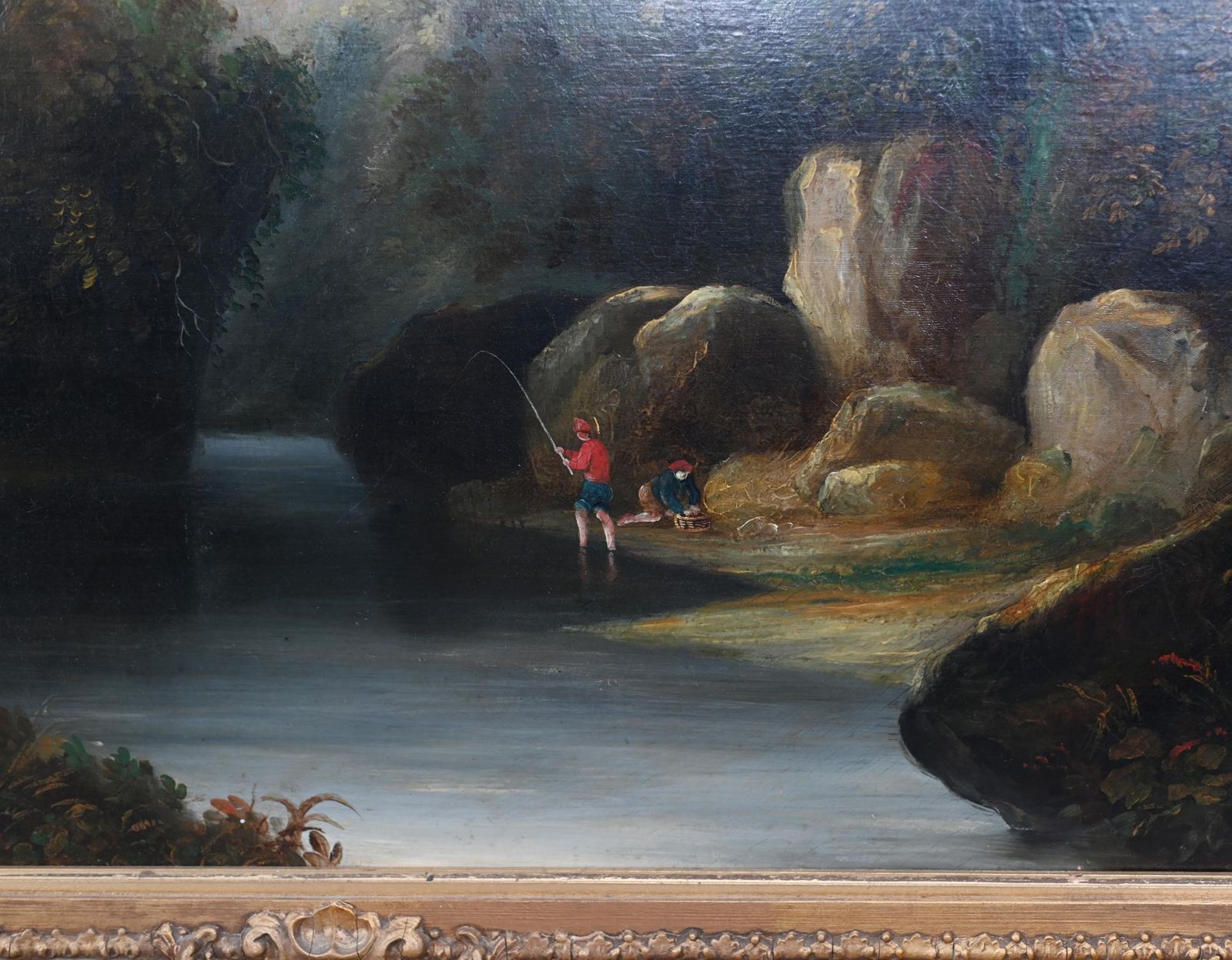 Antique French Oil Painting River Scape Art Chateau 1860 photo for sale