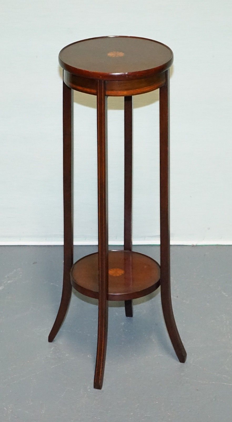 Antique Hardwood Two Tier Plant Stand With Starburst Marquetry Inlay photo furniture