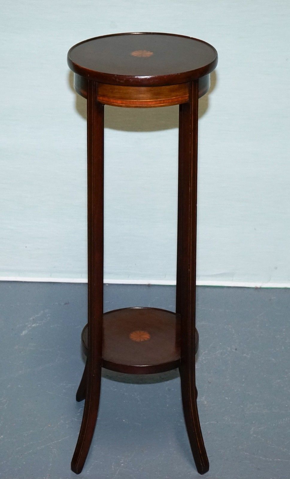 Antique Hardwood Two Tier Plant Stand With Starburst Marquetry Inlay photo for sale