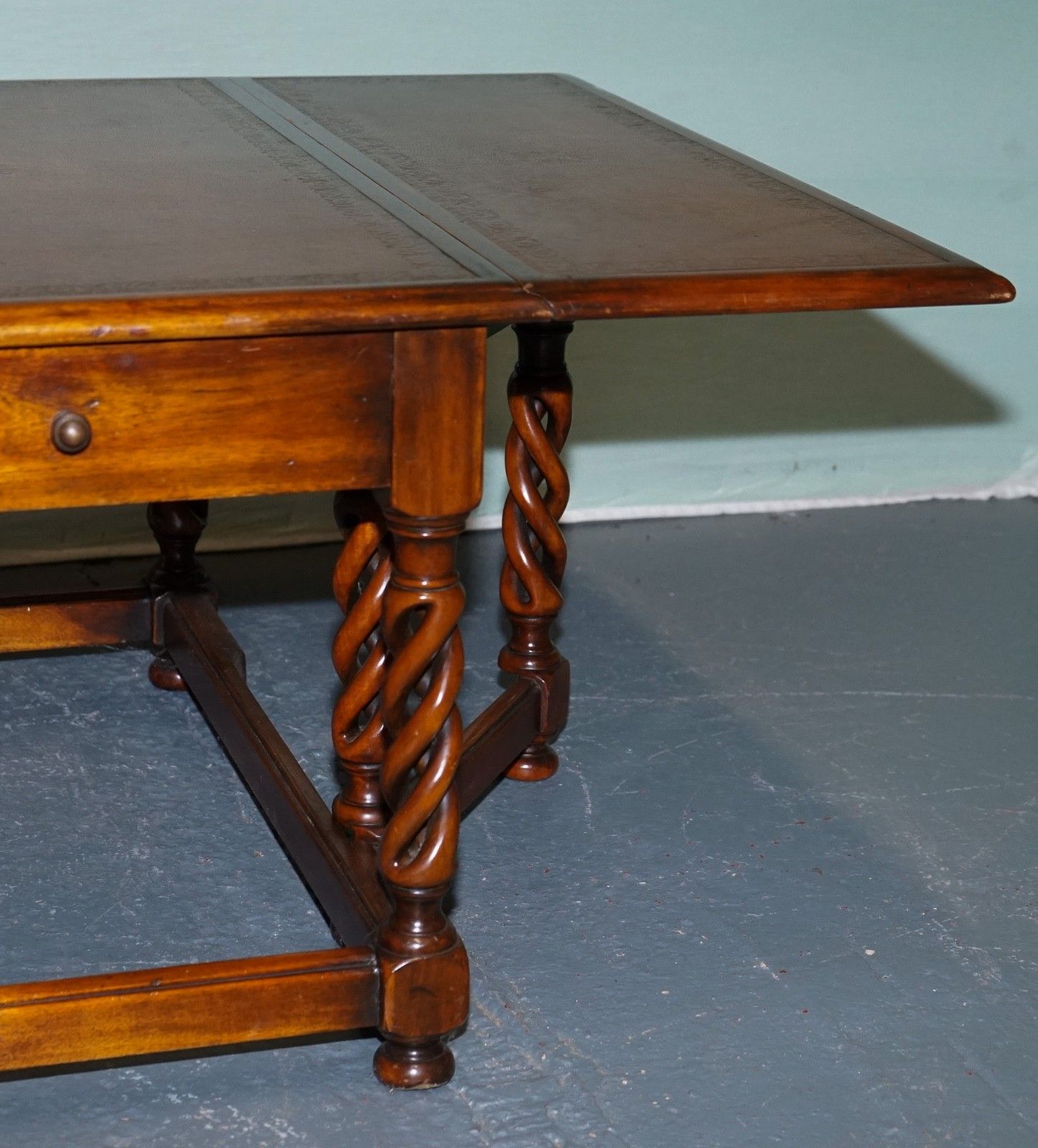 Elegant Theodore Alexander Drop Leaf Barley Twist Table With Leather Top photo vinterior