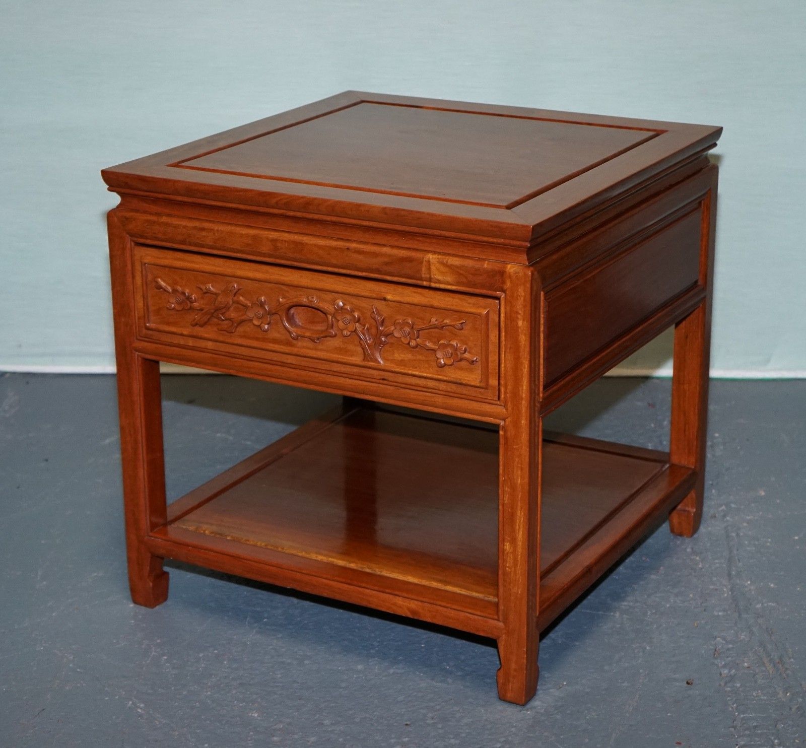 Oriental Chinese Vintage Teak Nightstand Bedside Table With Drawer photo for sale