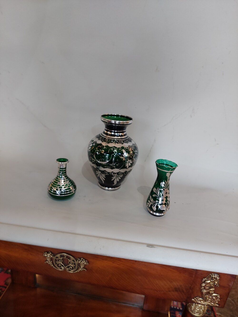 3 Early 20thc Art Nouveau Green Glass Vases photo Home Decor