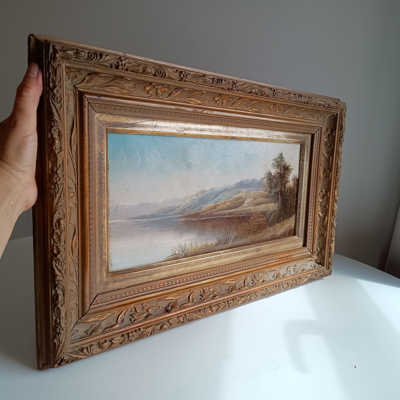 Framed Oil On Board Misty Riverside Scene, Scottish School, Art Nouveau Frame 1906 photo 245.0