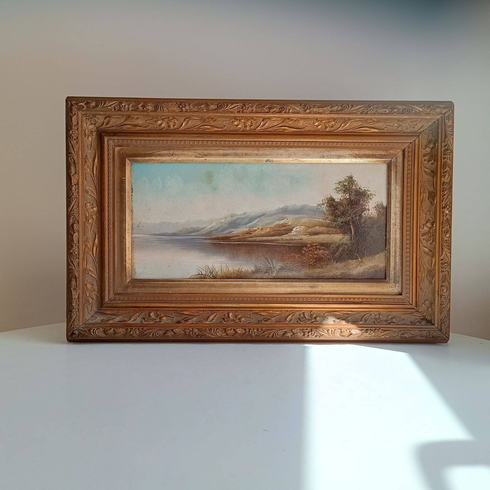 Framed Oil On Board Misty Riverside Scene, Scottish School, Art Nouveau Frame 1906 photo vinterior