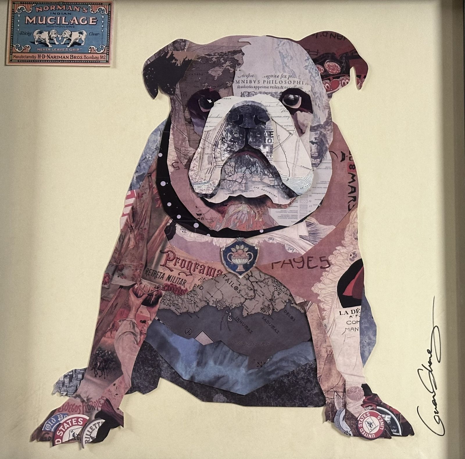 Large Framed Three Dimensional Layered Collage Of An English Bulldog photo vinterior
