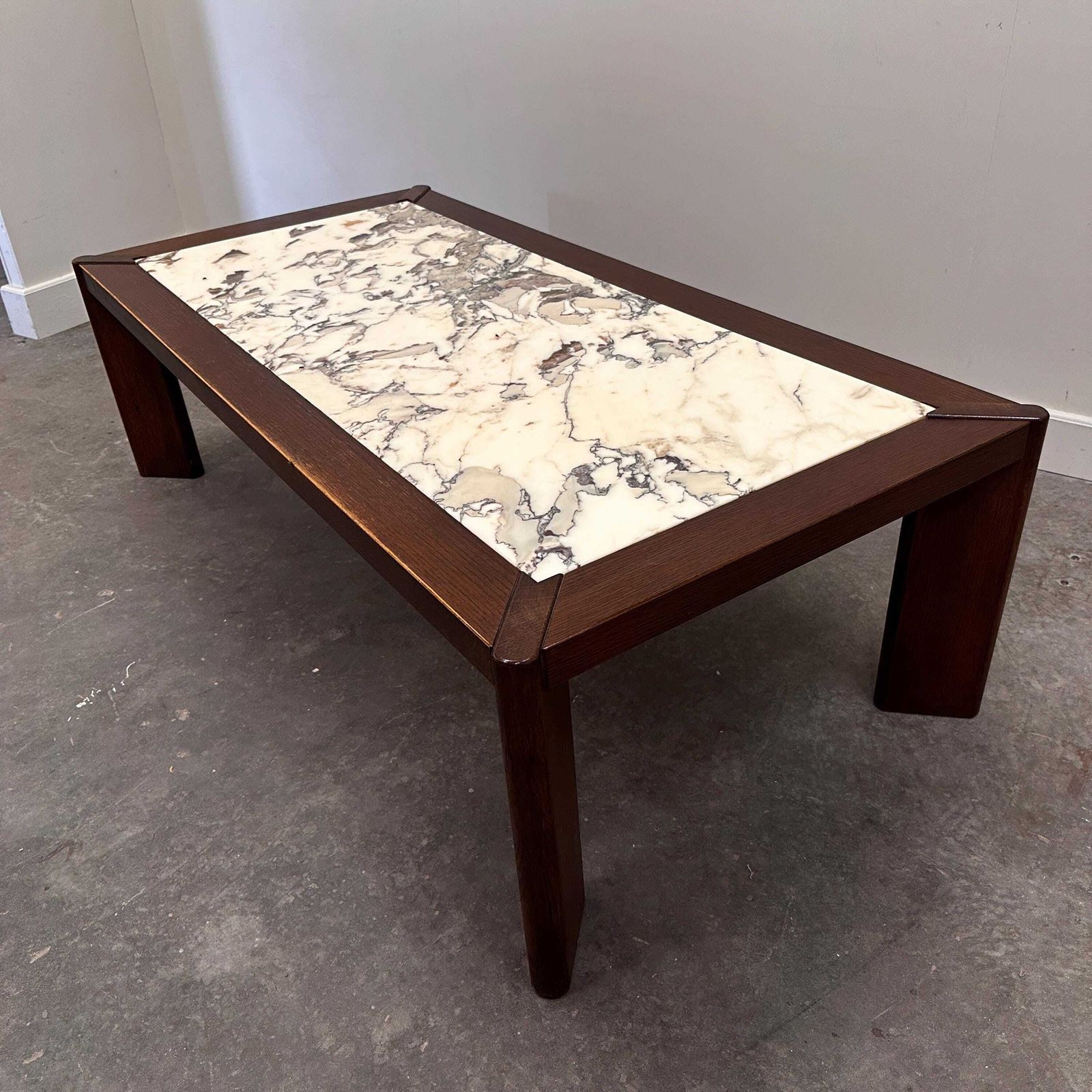Large 1970s Belgian Oak Coffee Table With Breccia Marble Top – Signed And Dated 1976