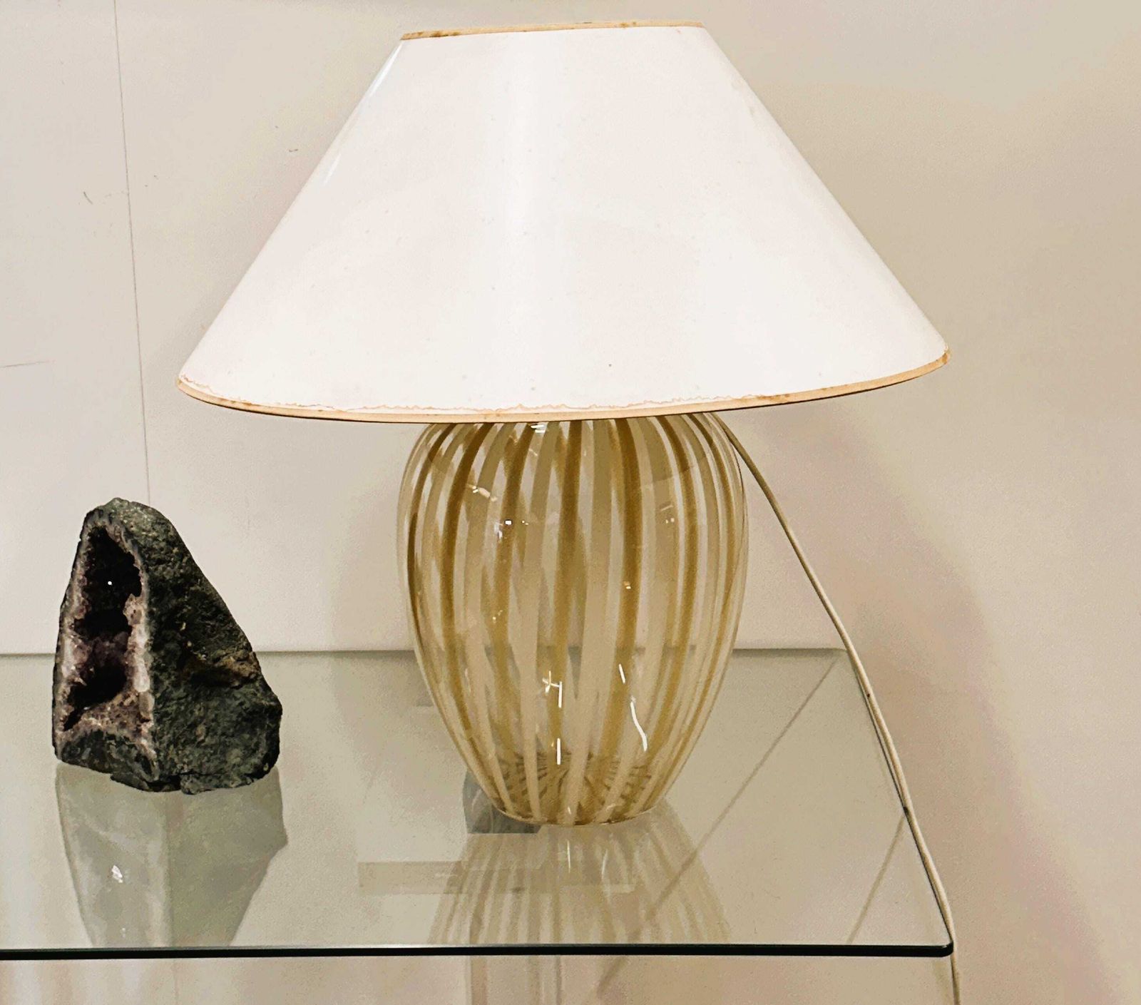 Elegant Vintage Murano Table Lamp With Swirled Gold & White Stripes, Italy 1980s. photo vinterior