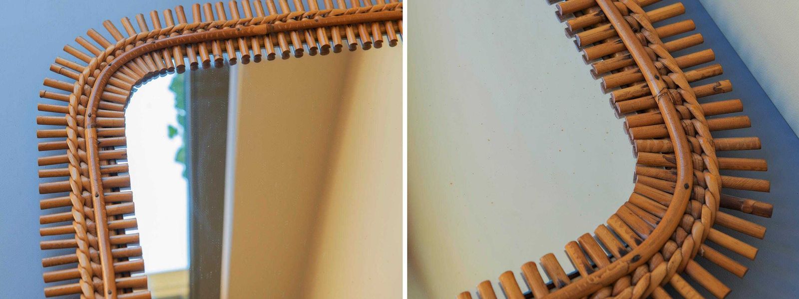 photo for sale Italiaanse Bamboe Spiegel, Franco Albini, Mid Century Vierkante Rotanspiegel, Jaren 1960, Bonacina, Made In Italy