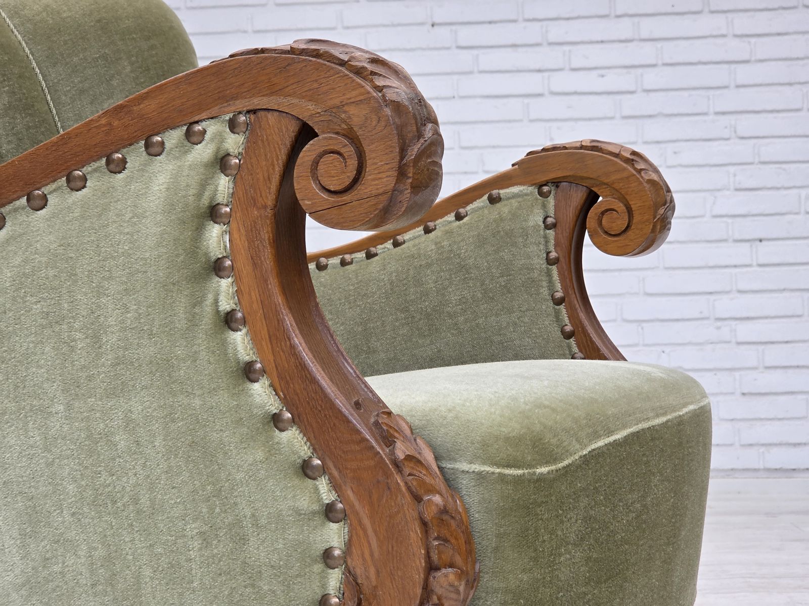 1960s, Danish Armchair, Green Furniture Velour, Carved Oak Wood. photo vinterior
