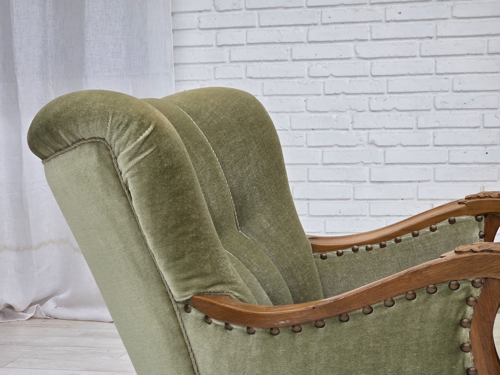 photo furniture 1960s, Danish Armchair, Green Furniture Velour, Carved Oak Wood.