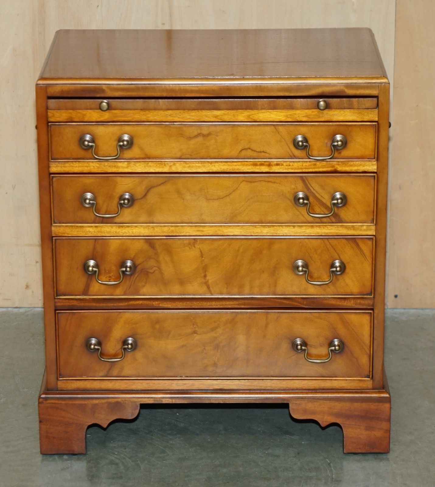 Lovely Walnut Brown Leather Military Campaign Nightstand Drawers Or Side Table photo for sale