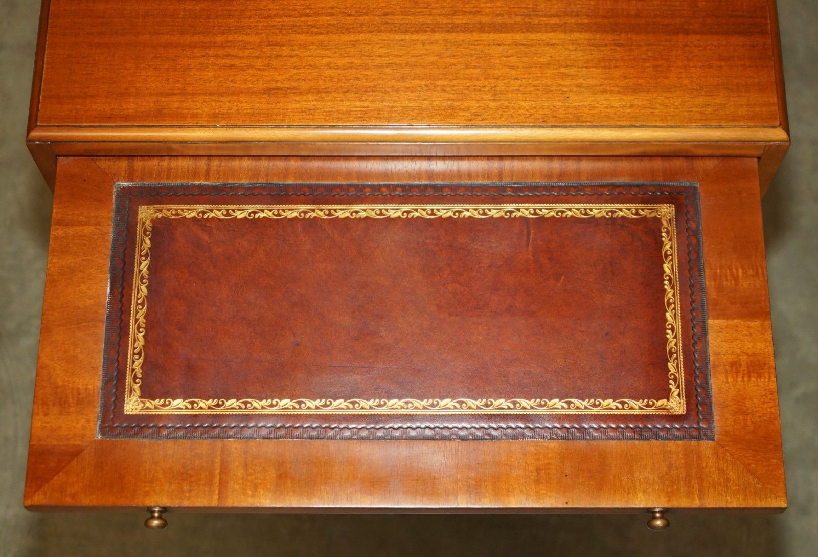 photo furniture Lovely Walnut Brown Leather Military Campaign Nightstand Drawers Or Side Table