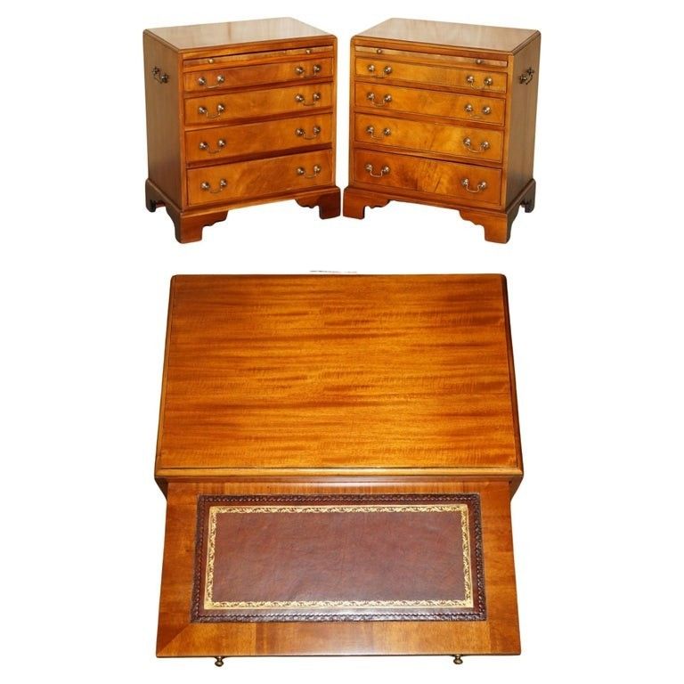 Pair Of Walnut Brown Leather Military Campaign Nightstand Drawers Or Side Tables