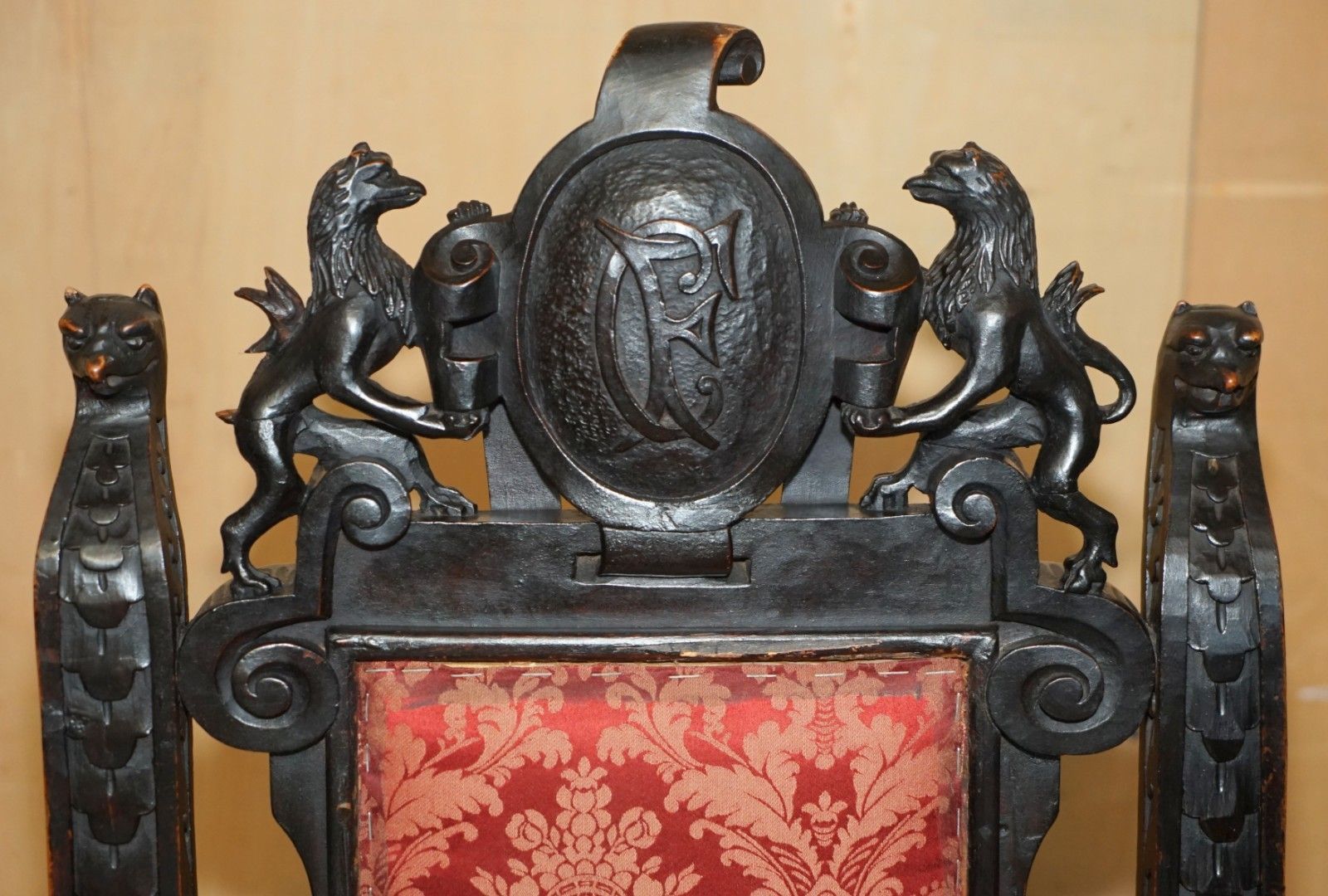 Hand Carved Antique French Empire Griffin Armorial Crest Coat Of Arms Armchair photo Furniture