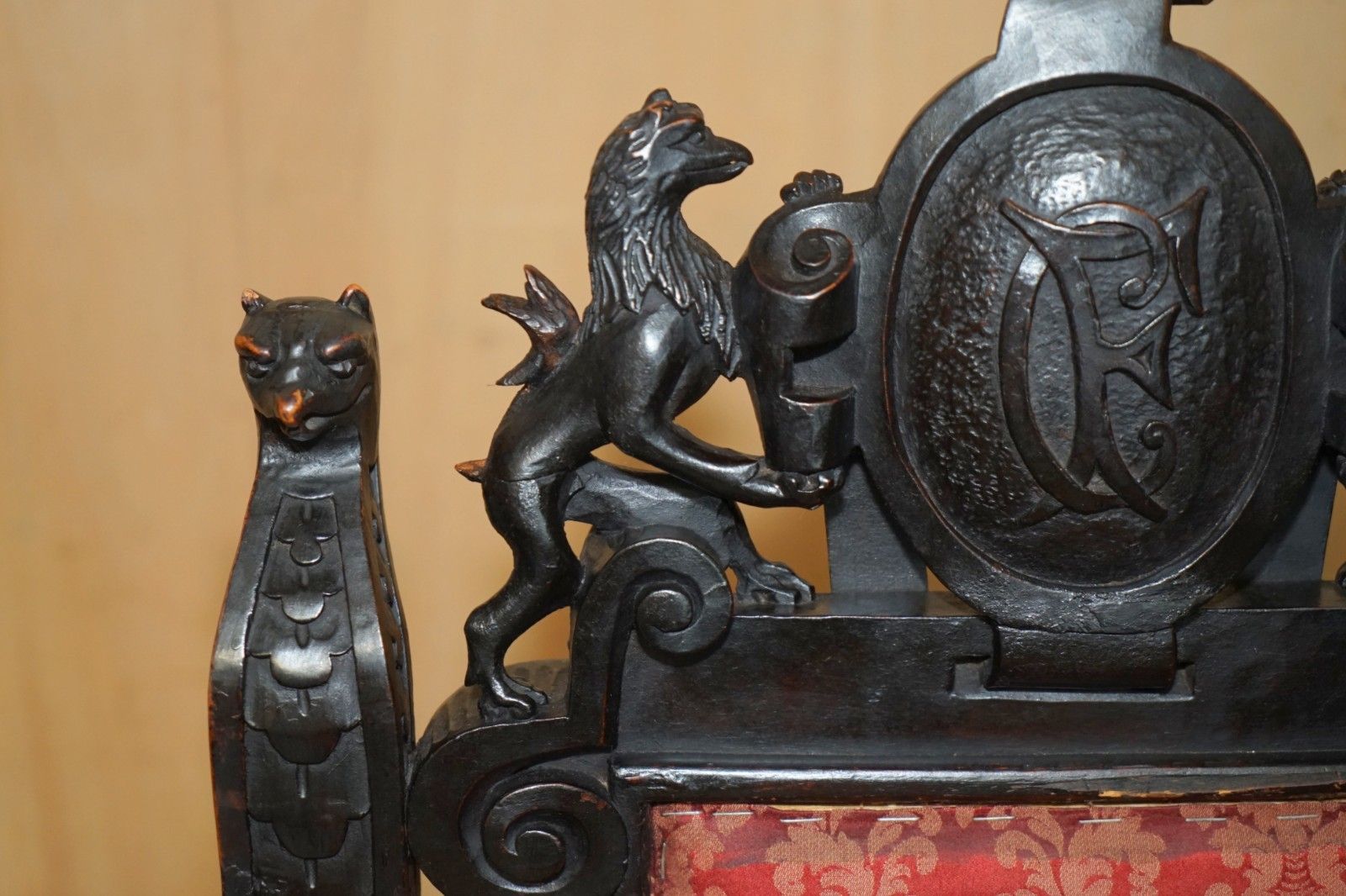 Hand Carved Antique French Empire Griffin Armorial Crest Coat Of Arms Armchair photo 9950.0