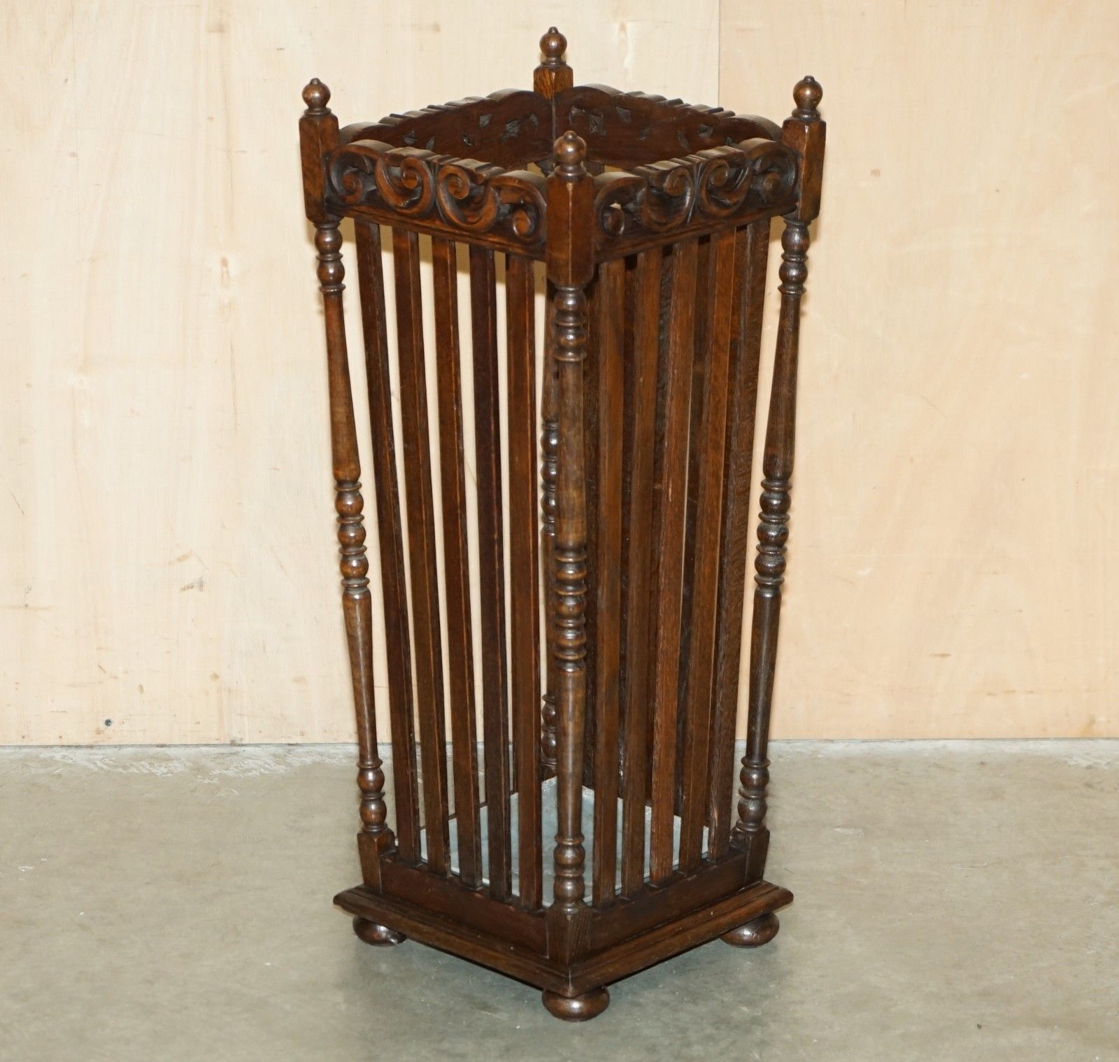 Antique Edwardian Hand Carved English Oak Walking Stick Or Umbrella Stand photo furniture