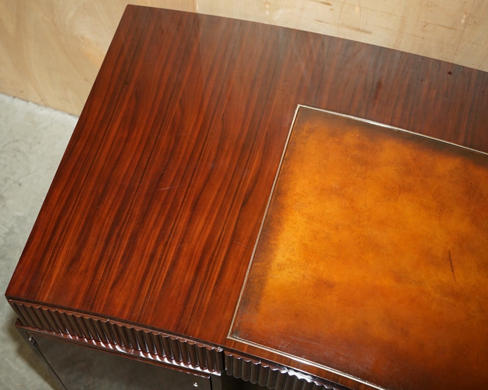 photo for sale Ralph Lauren Metropolis Macassar & Brown Leather French Art Deco Curved Desk