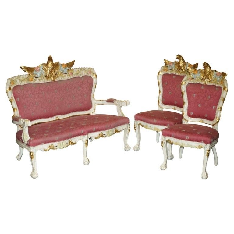 Hand Carved & Painted Vintage French Empire Style Eagle Sofa And Armchair Suite