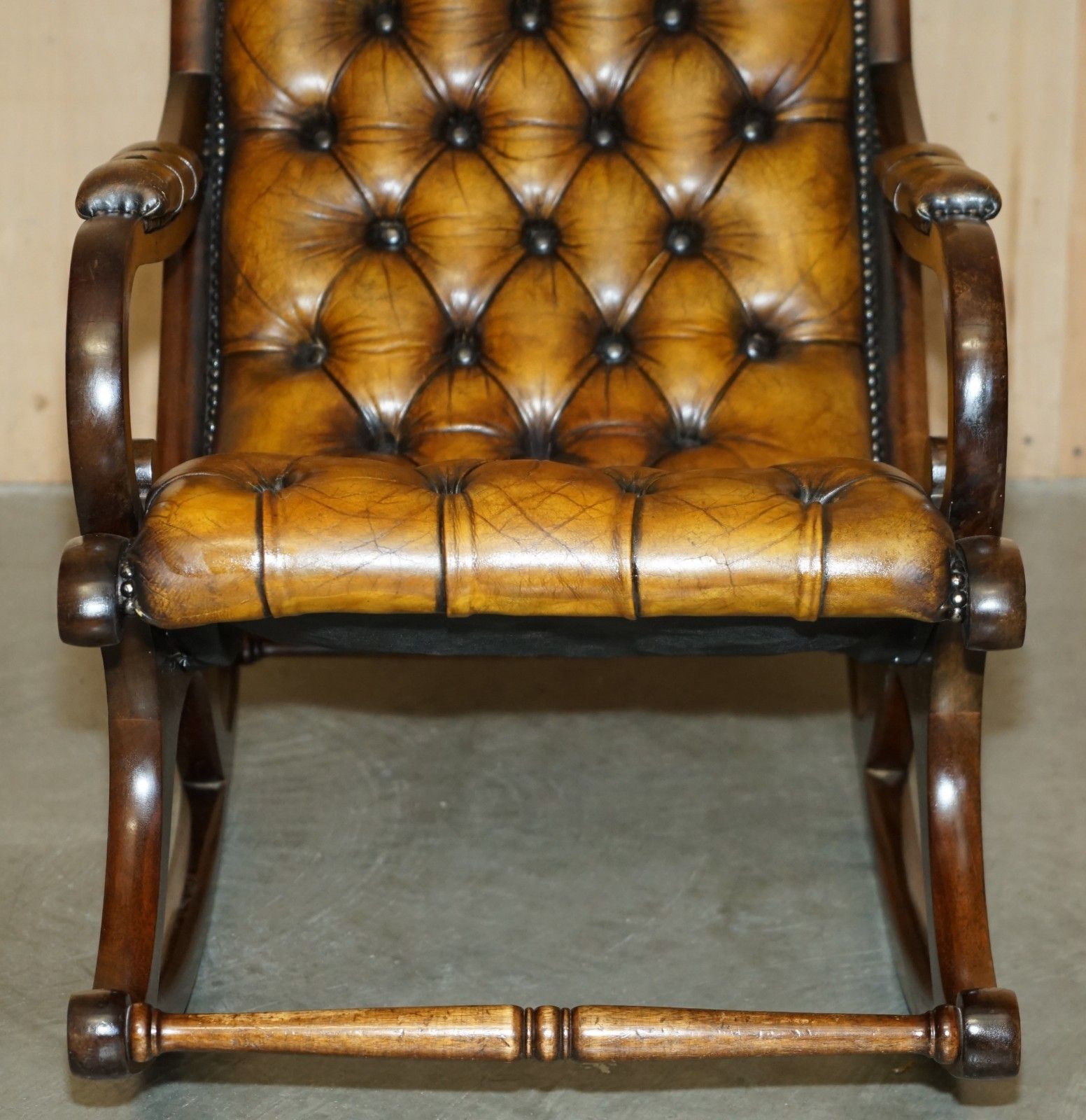2350.0 Vintage Fully Restored Hand Dyed Brown Leather Chesterfield Rocking Armchair photo