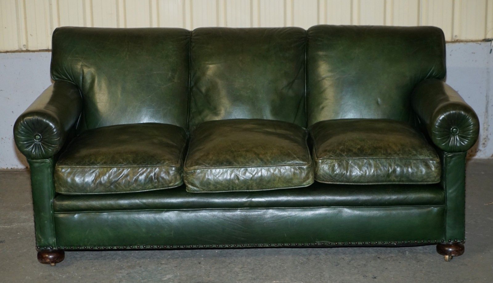 Original Unrestored Green Leather Maple & Co Stamped Victorian Bolster Arm Sofa photo for sale