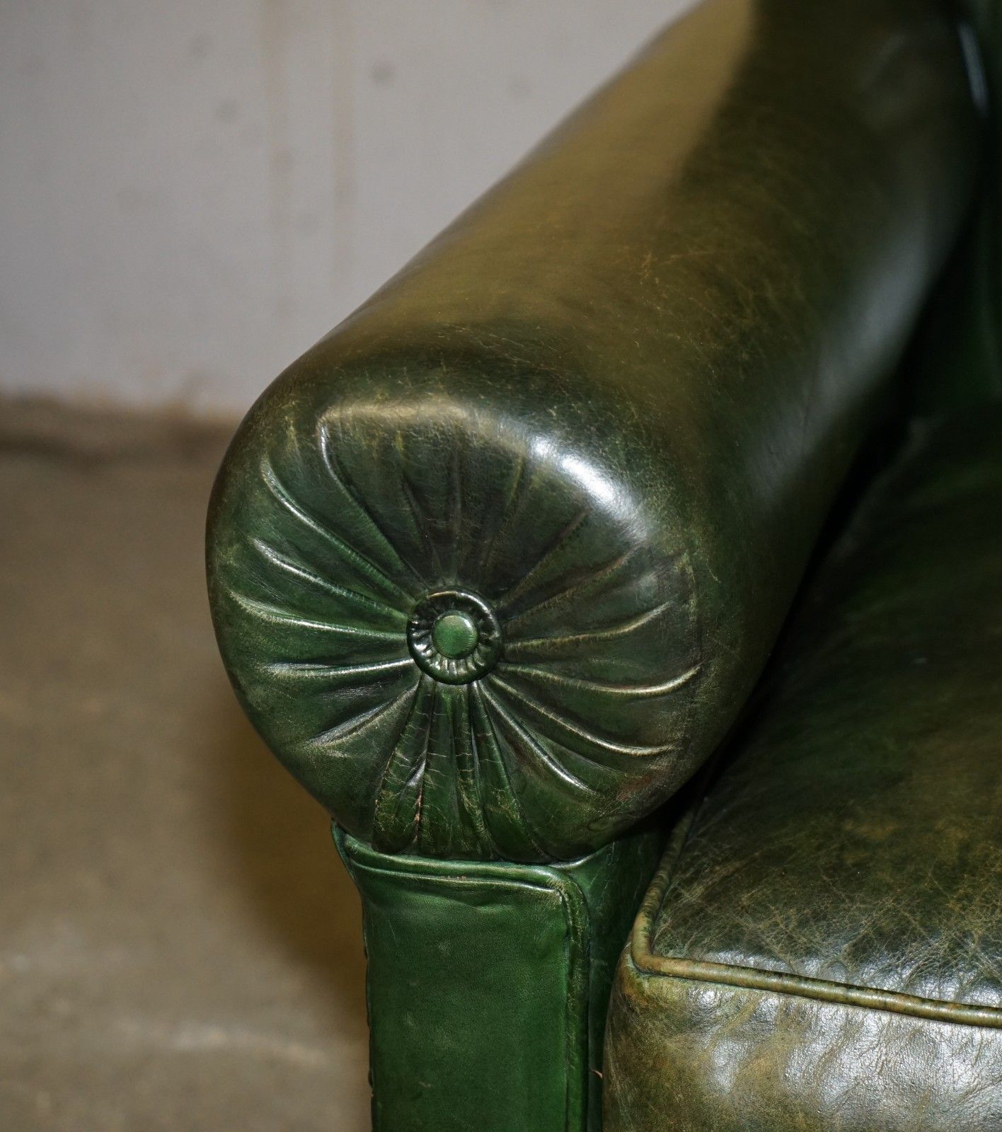 Original Unrestored Green Leather Maple & Co Stamped Victorian Bolster Arm Sofa photo 7950.0