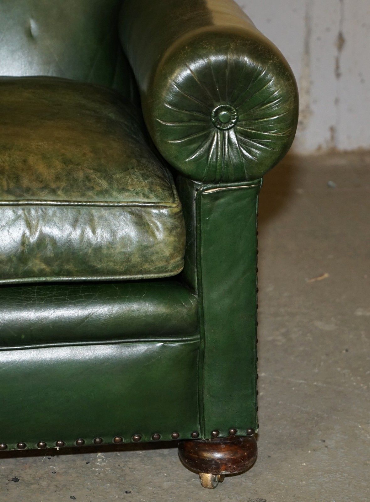 photo furniture Original Unrestored Green Leather Maple & Co Stamped Victorian Bolster Arm Sofa