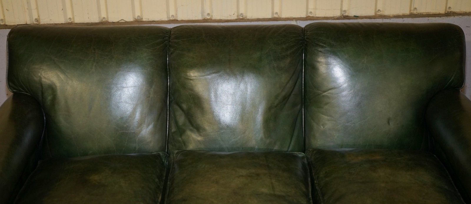 photo for sale Original Unrestored Green Leather Maple & Co Stamped Victorian Bolster Arm Sofa