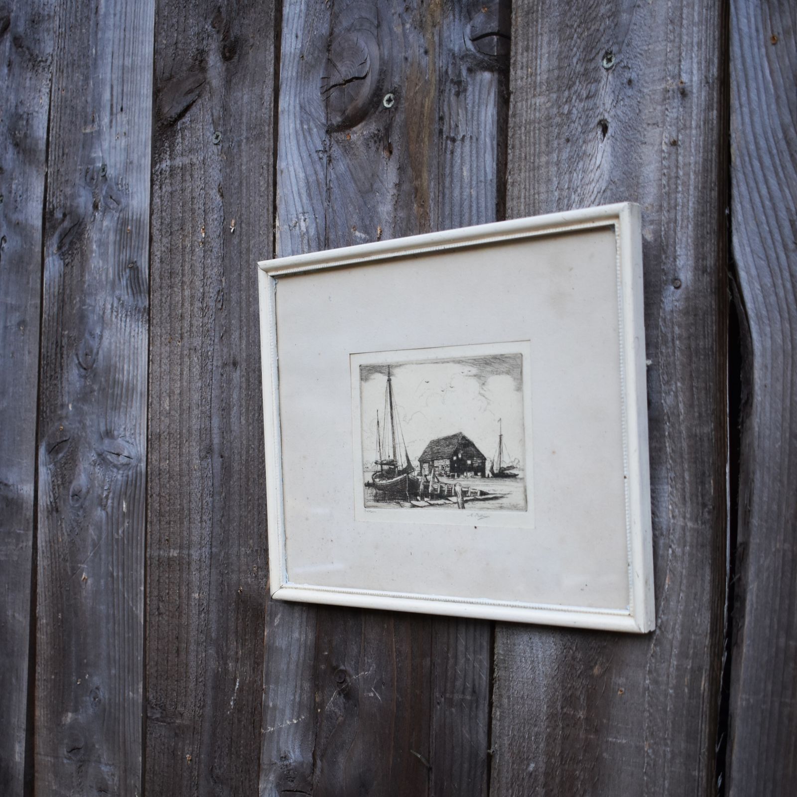 Antique Elgar Pattison Black & White Boatyard Harbour Etching Picture Signed photo furniture