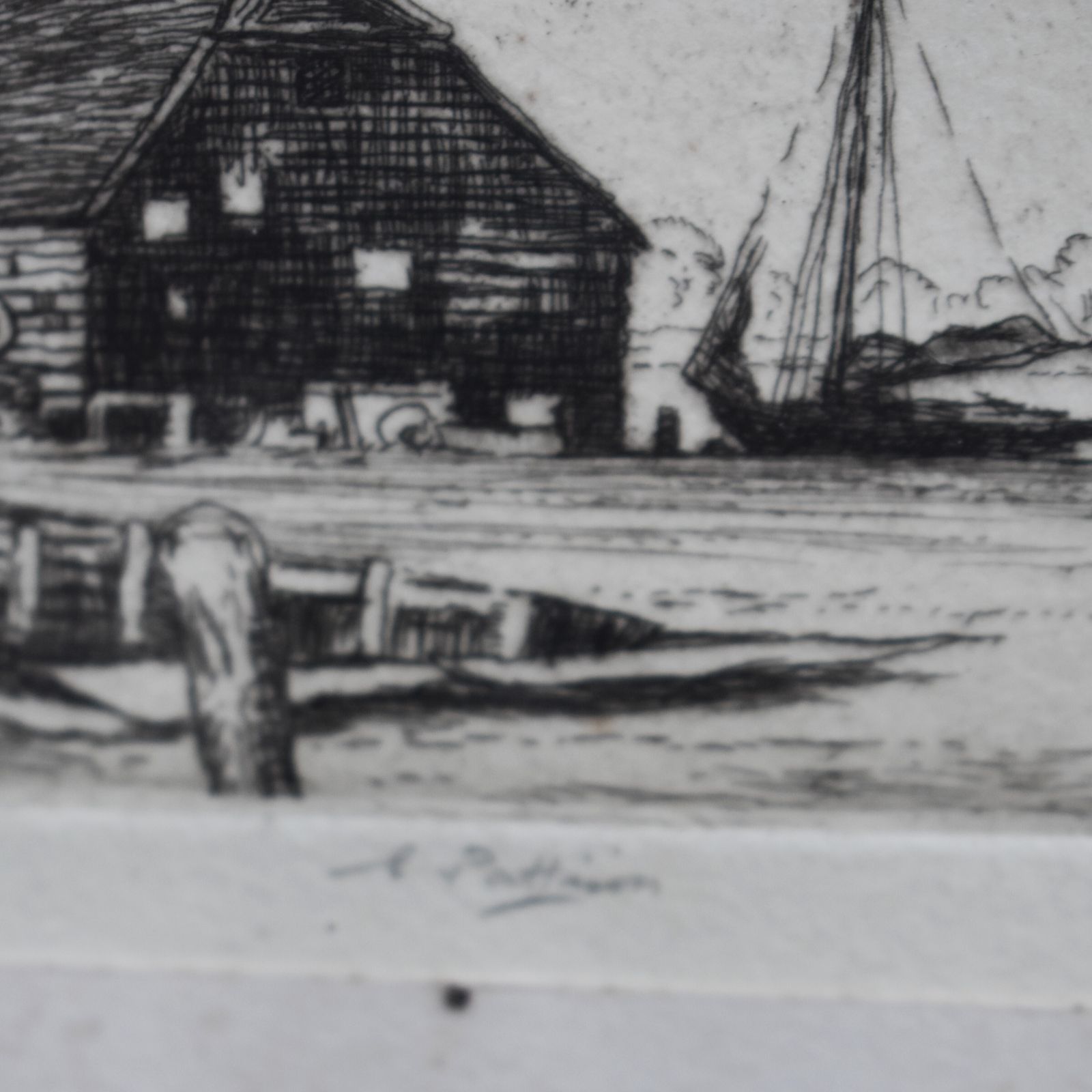 Antique Elgar Pattison Black & White Boatyard Harbour Etching Picture Signed photo Art