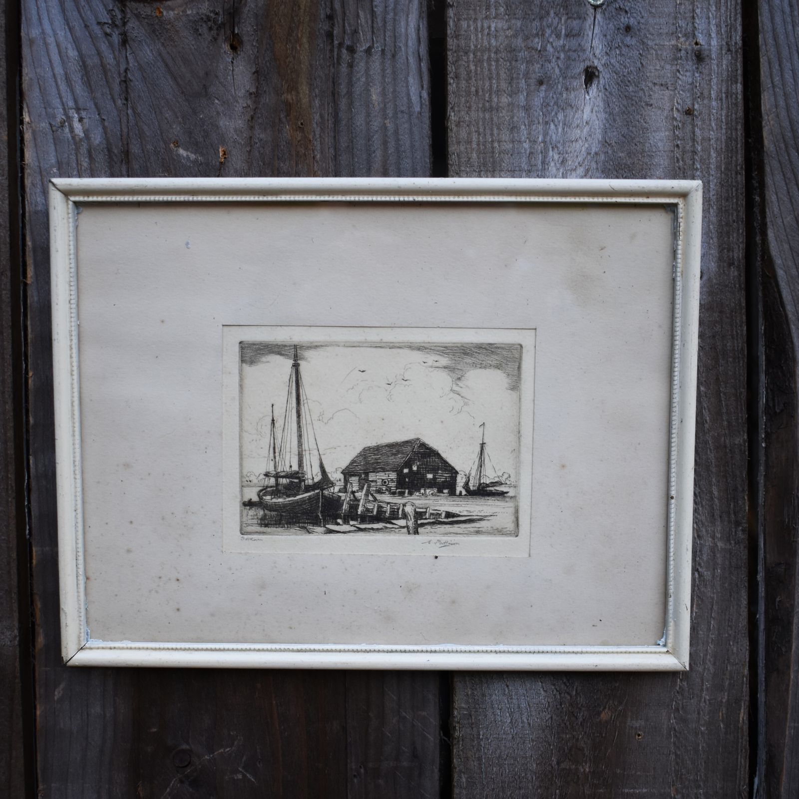 Antique Elgar Pattison Black & White Boatyard Harbour Etching Picture Signed photo 75.0