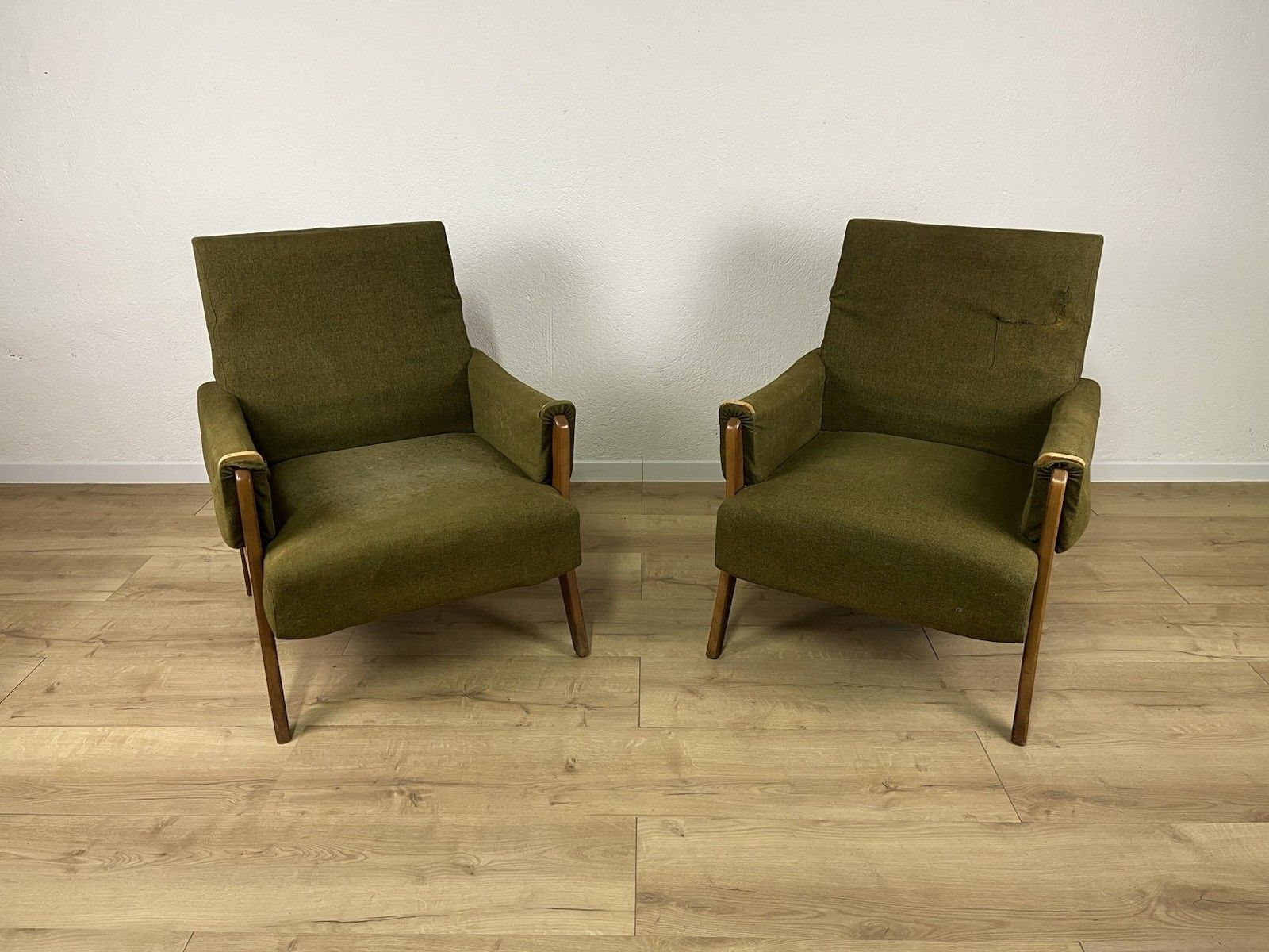 Pair Of Wooden Armchairs Green Fabric Year 60’ Vintage Design