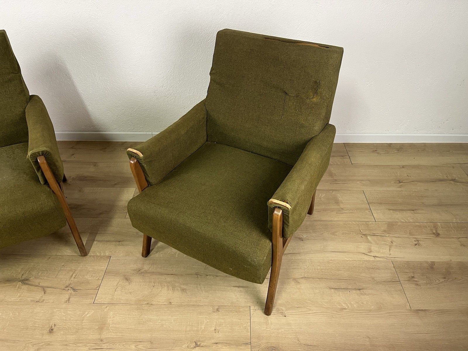 Pair Of Wooden Armchairs Green Fabric Year 60’ Vintage Design photo for sale