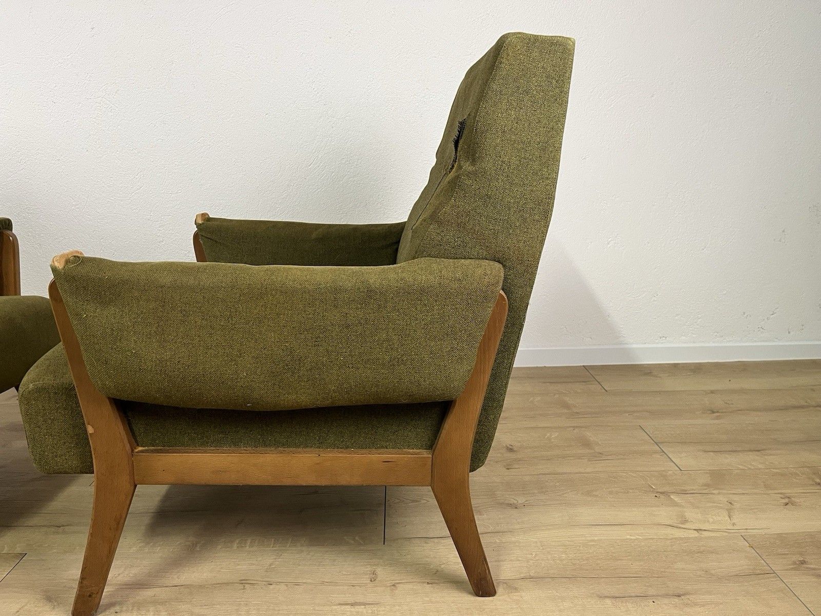 Pair Of Wooden Armchairs Green Fabric Year 60’ Vintage Design photo vintage