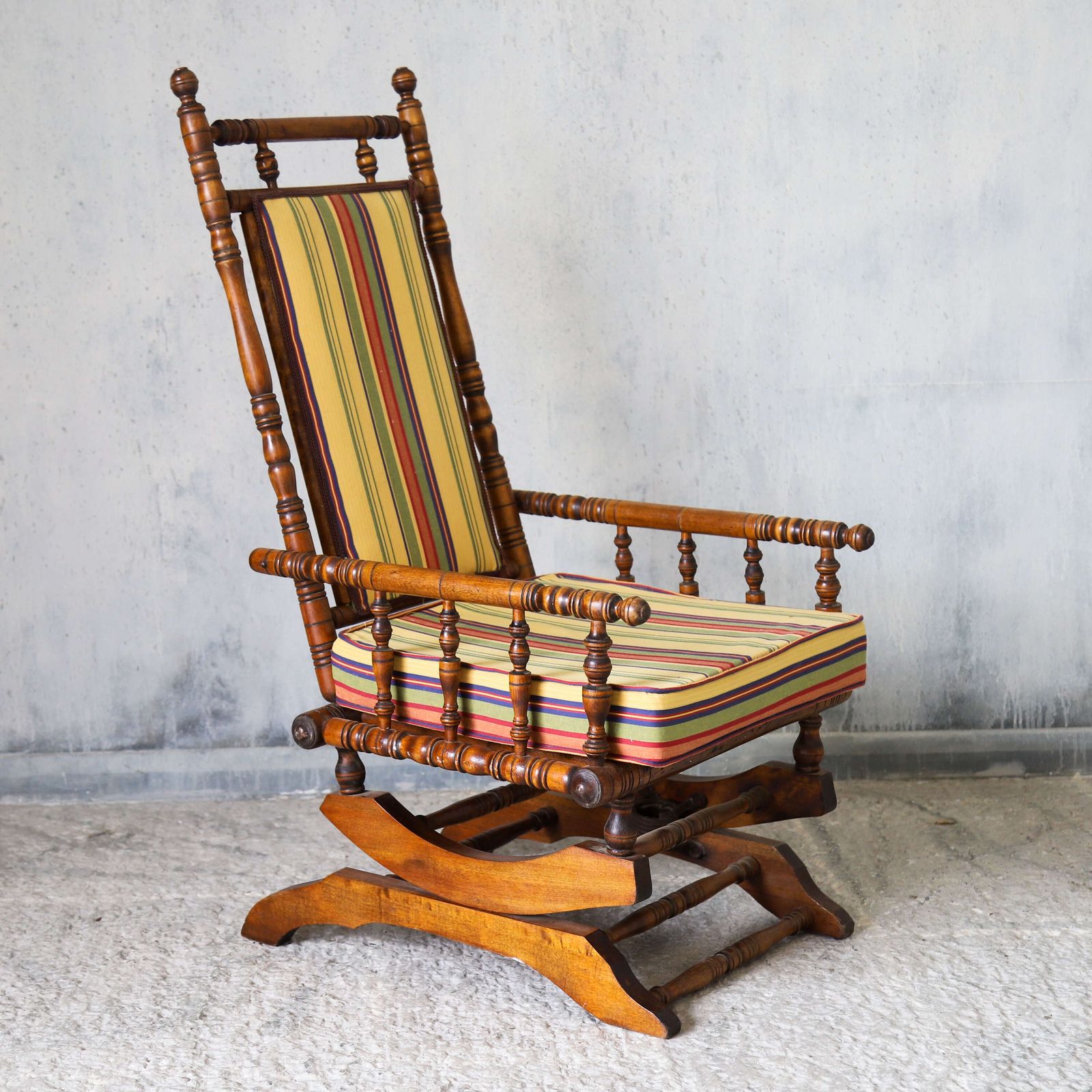 Early 20th Century French Bobbin Rocking Chair With Colourful Striped Upholstery photo Furniture