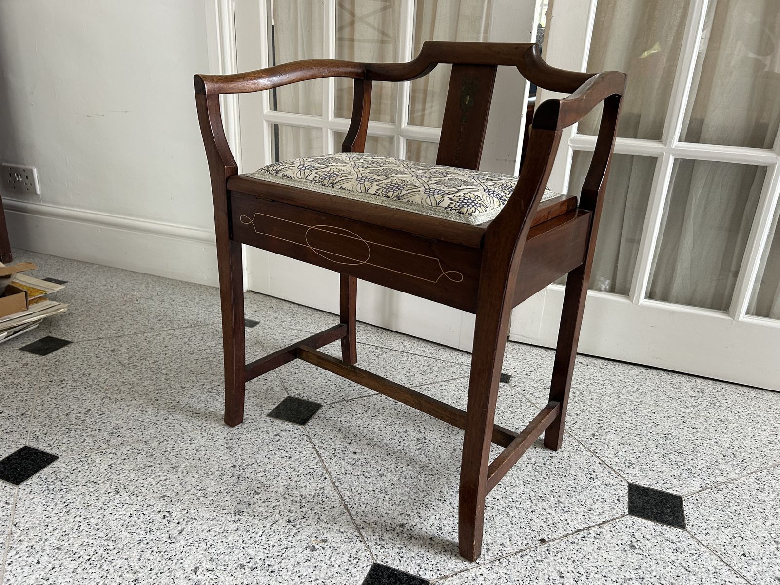 Edwardian Inlaid Piano Music Stool With Upholsered Seat In Morris Fabric photo furniture