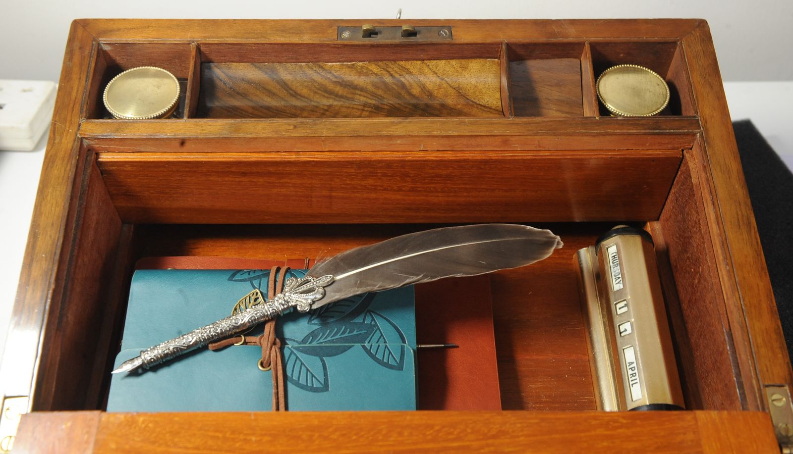 photo for sale Exquisite Victorian Hand Crafted Burr Walnut Writing Slope With Black Tooled Leather Interior With Secret Compartment