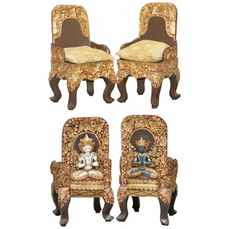 Rare Pair Of Circa 1900 Tibetan Ceremonial Chairs Nyingma Buddha Carved In Backs