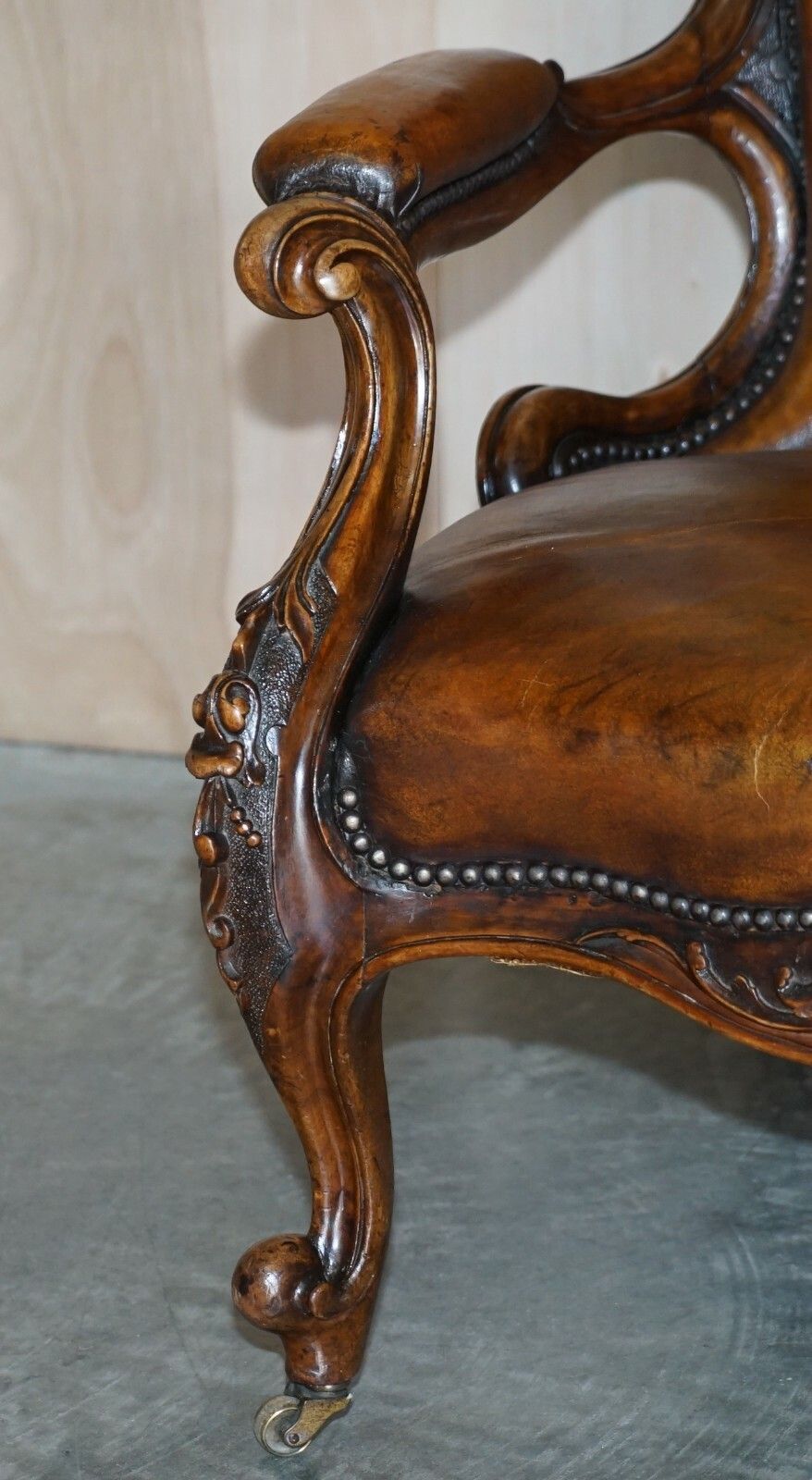 Fine Antique Show Framed Victorian Chesterfield Brown Leather Library Armchair photo vintage