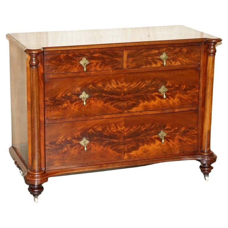 Exquisite Antique Victorian Flamed Mahogany Chest Of Drawers Porcelain Castors