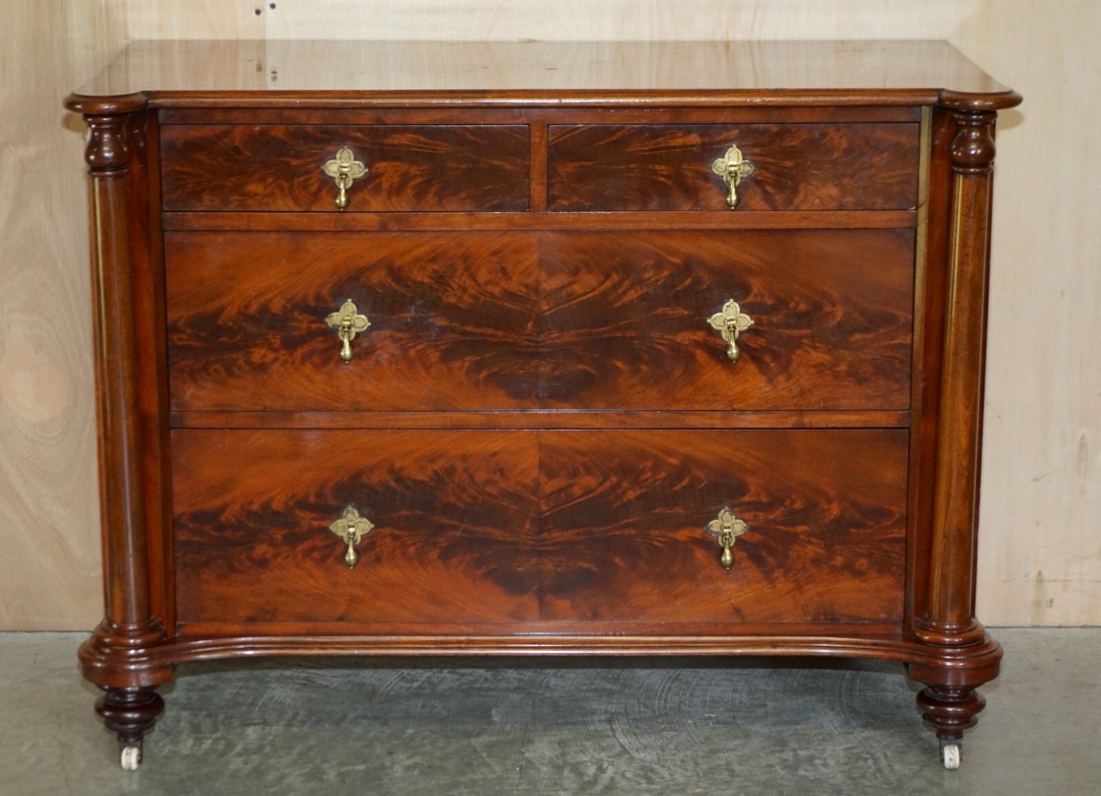 Exquisite Antique Victorian Flamed Mahogany Chest Of Drawers Porcelain Castors photo furniture