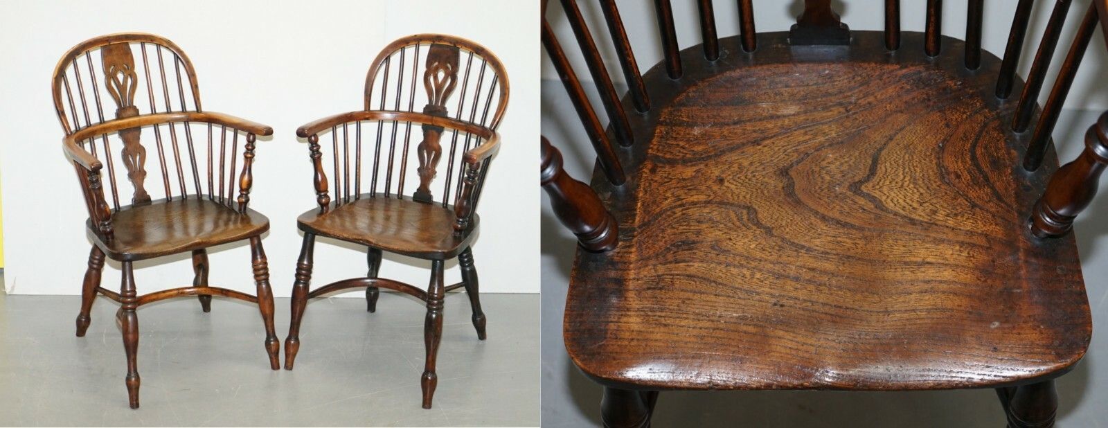 Pair Of Burr Yew Wood & Elm Windsor Armchairs Circa 1860 English Country House photo furniture