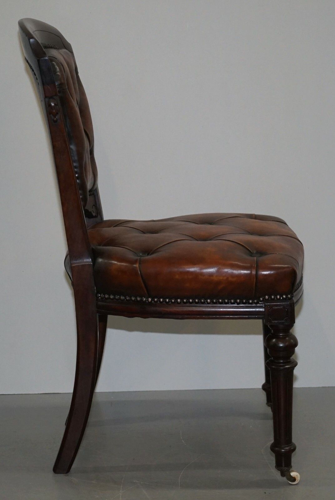 Furniture Fully Restored Suite Of Five Chesterfield Brown Leather & Mahogany Dining Chairs photo
