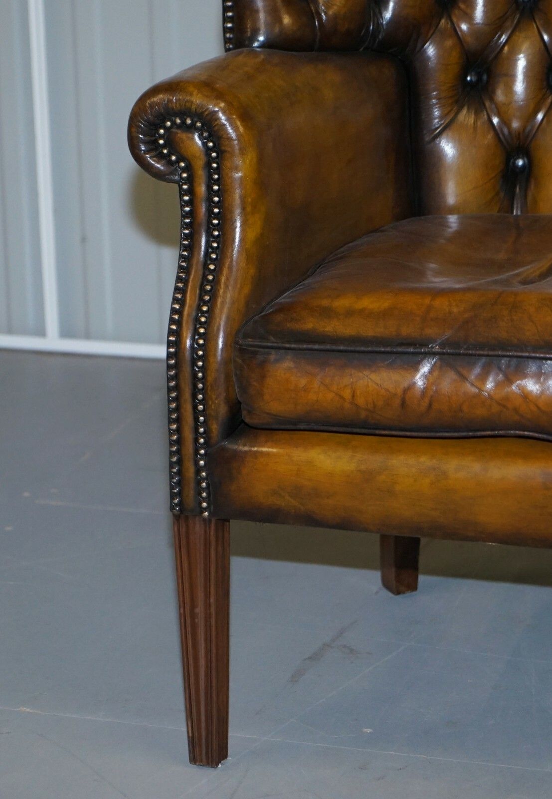 photo furniture Fully Restored Vintage Chesterfield Porters Wingback Armchair Brown Leather