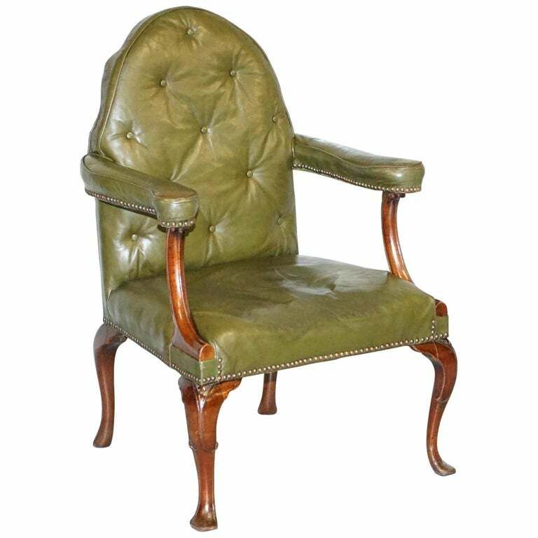 Circa 1800 Gothic Revival Georgian Irish Chesterfield Leather Carver Armchair