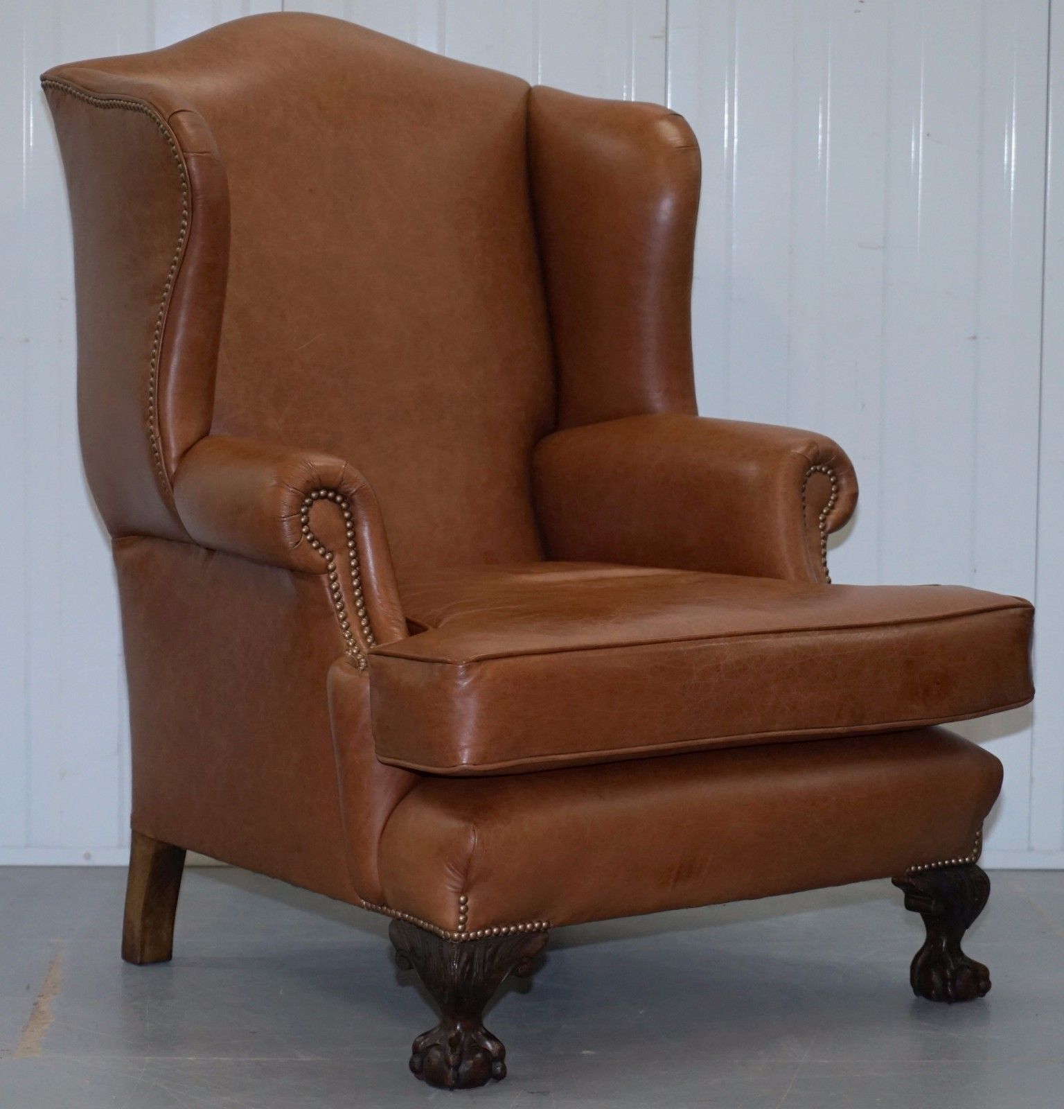 photo furniture Pair Of Restored Brown Leather Circa 1860 Wingback Armchairs Claw & Ball Feet