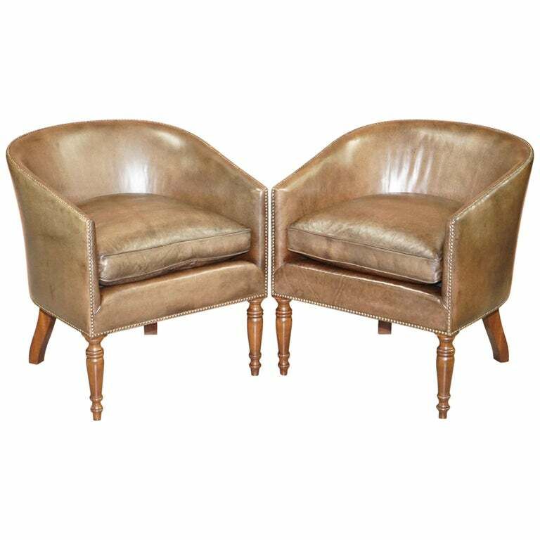 Pair Of Sublime Hand Dyed Barrel Back Tub Armchairs In Brown Leather Comfortable
