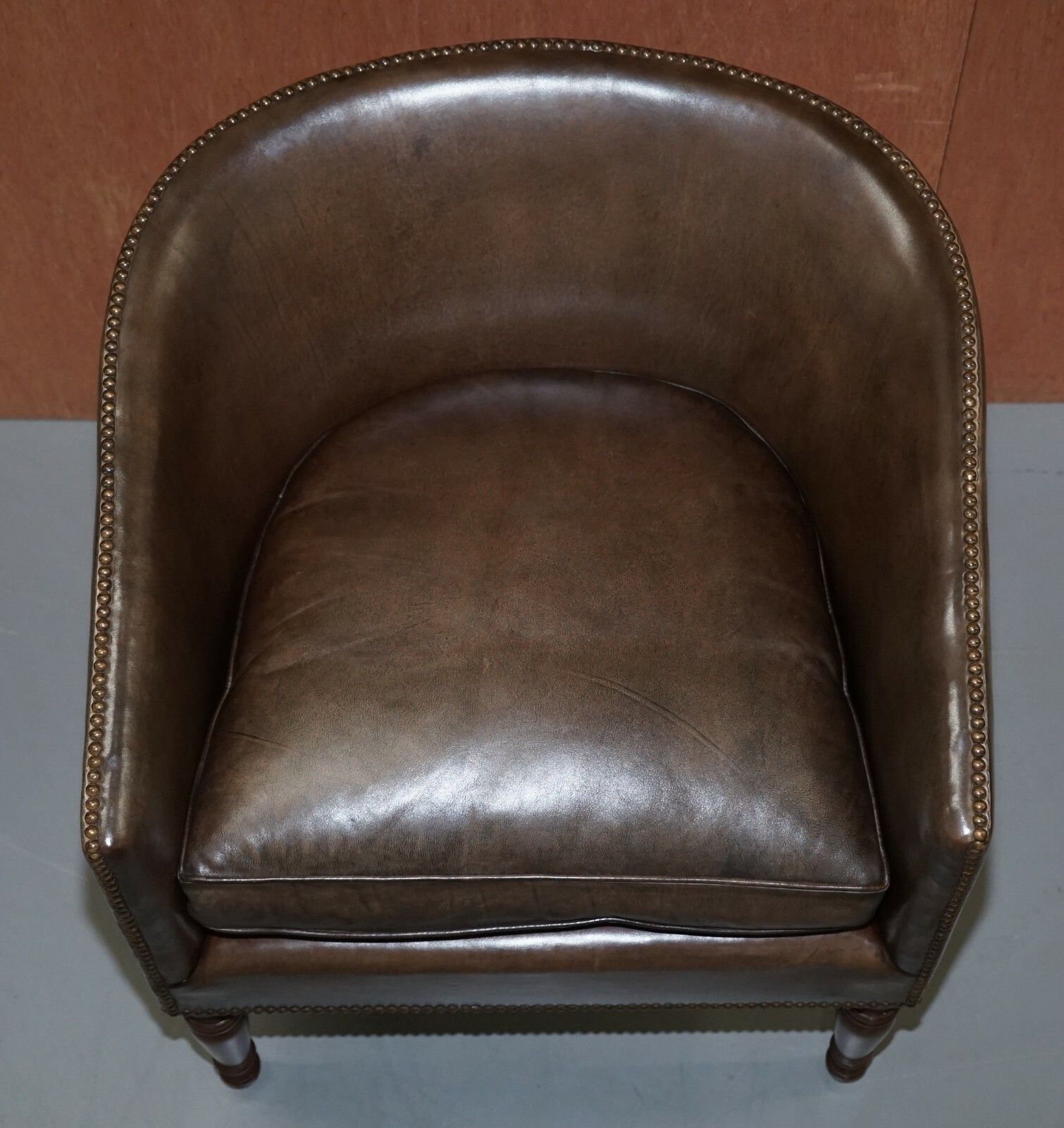 Furniture Pair Of Sublime Hand Dyed Barrel Back Tub Armchairs In Brown Leather Comfortable photo